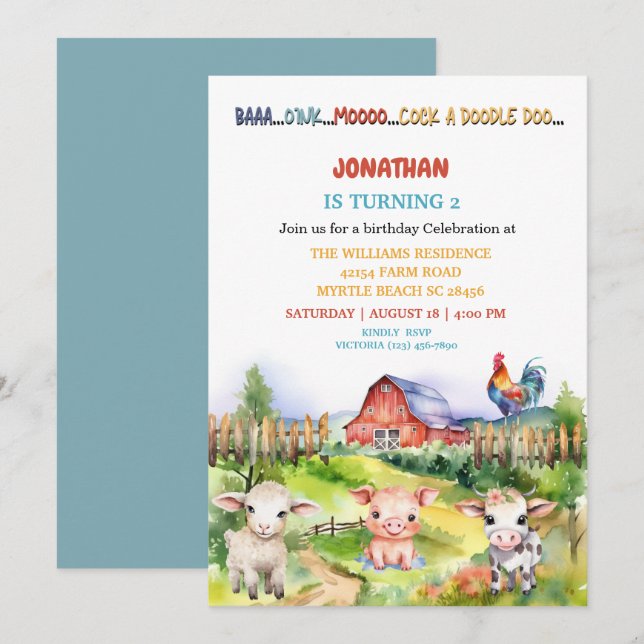 Invitation Barnyard Farm Theme Boys 2e fête d'anniversaire (Devant / Derrière)