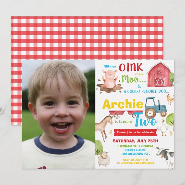 Invitation Barnyard fête d'anniversaire ferme animal 2 2e pho (Devant / Derrière)