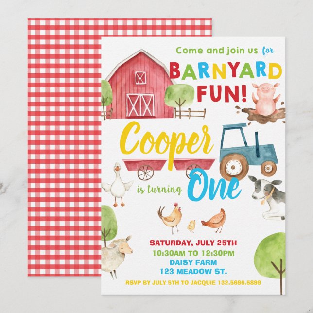 Invitation Barnyard Fun 1er Anniversaire Fête Animaux de ferm (Devant / Derrière)