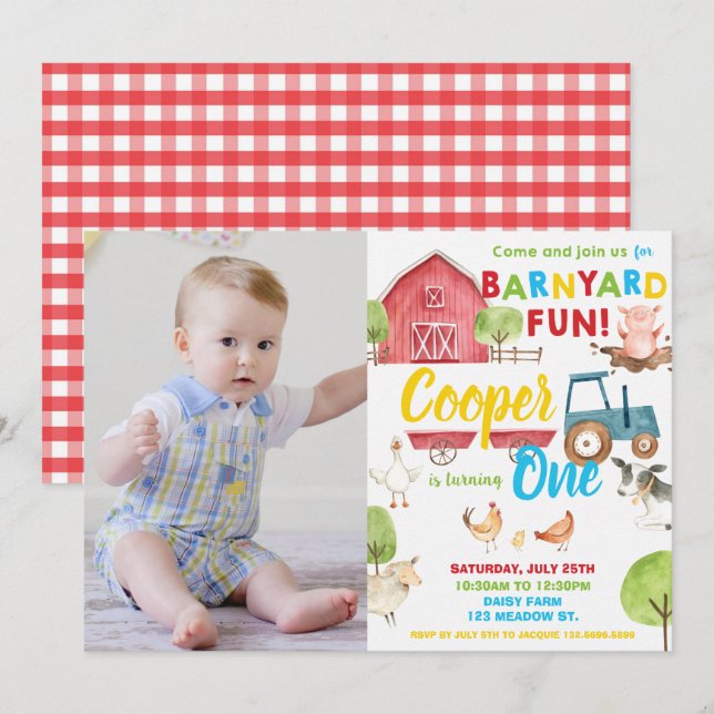 Invitation Barnyard Fun 1er Anniversaire Fête Animaux de ferm (Devant / Derrière)
