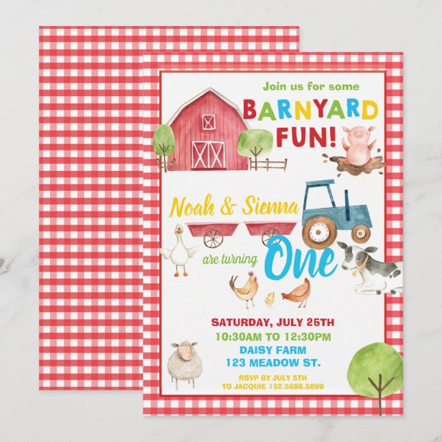 Invitation Barnyard Fun 1er anniversaire fête ferme Animaux j (Devant / Derrière)