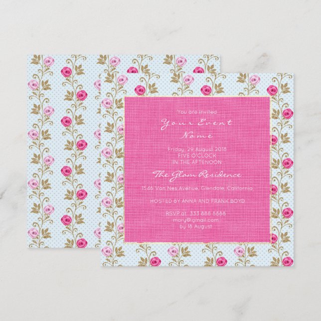 Invitation Baroque Marie Antoinette Floral Pastel Roses Rose (Devant / Derrière)