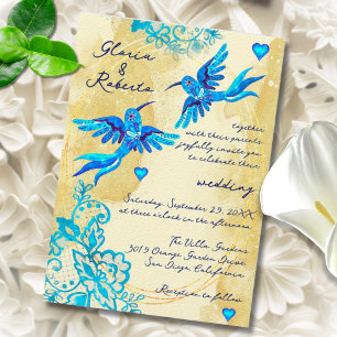 Invitation Baroque Oiseaux-Mouches Bleus Mariage Mexicain Vin