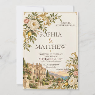 Invitation Baroque sicilien   Mariage Crème et Or Antique