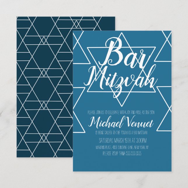 Invitation Barre blanche bleu géométrique Mitzvah (Devant / Derrière)