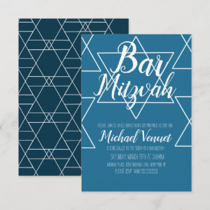 Invitation Barre blanche bleu géométrique Mitzvah