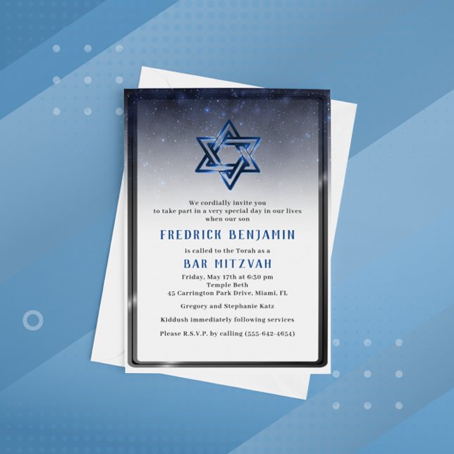 Invitation Barre bleue brillante Mitzvah d'étoile de David ou (Créateur téléchargé)