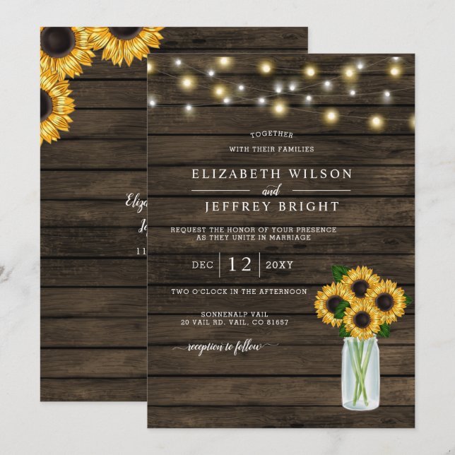 Invitation Barre Bois Chaîne Lumières Mariage (Devant / Derrière)