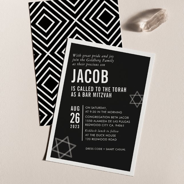 Invitation BARRE BOLD MITZVAH simple angle moderne noir blanc (Créateur téléchargé)