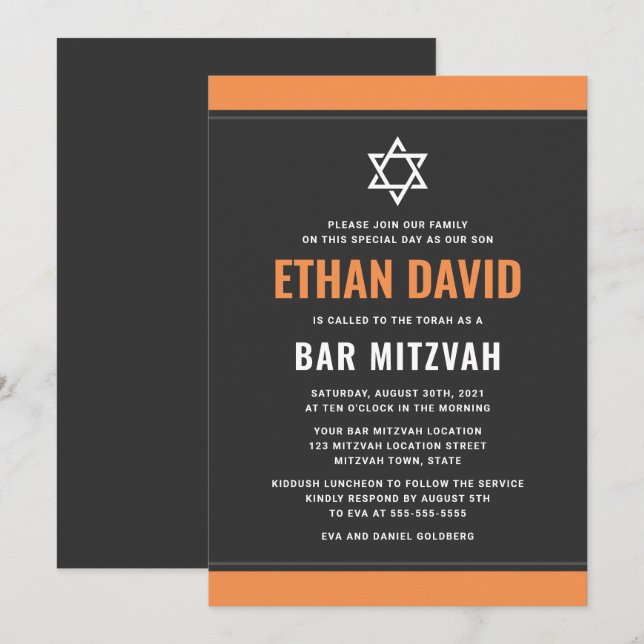 Invitation Barre de bordures orange gris foncé moderne mitzva (Devant / Derrière)