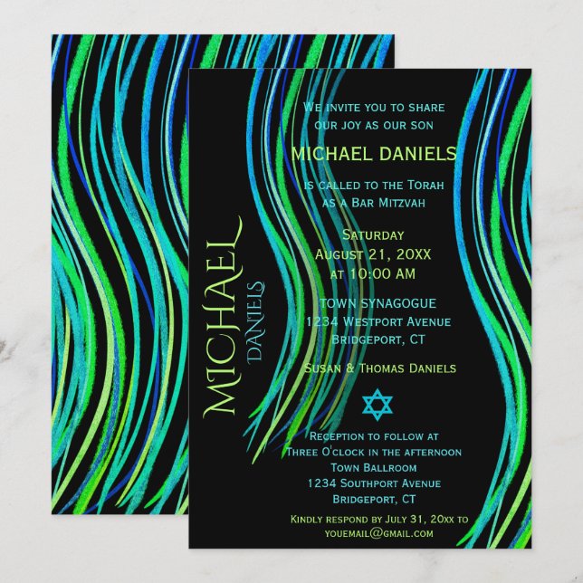 Invitation Barre Mitzvah Blue Neon Green Prayer Shawl (Devant / Derrière)