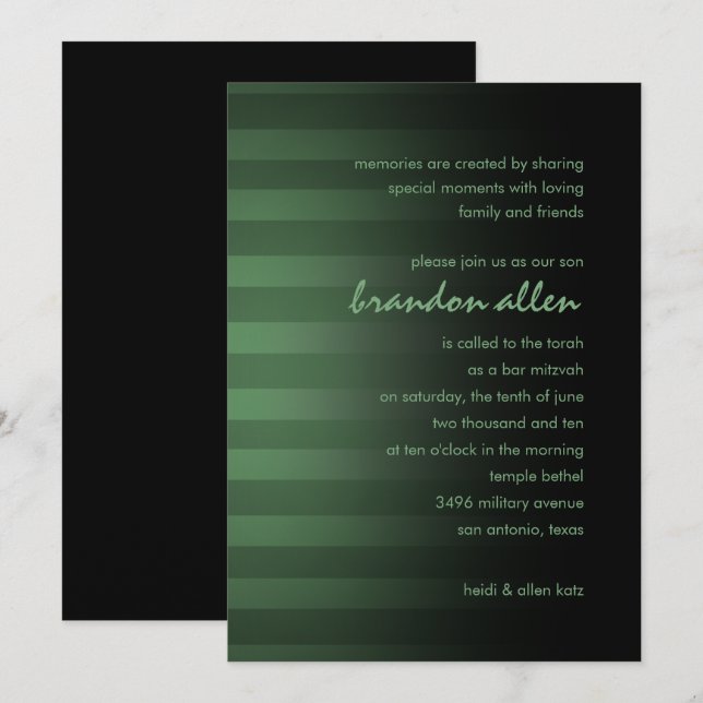 Invitation Barre Mitzvah Grandes horizontales vertes et noire (Devant / Derrière)
