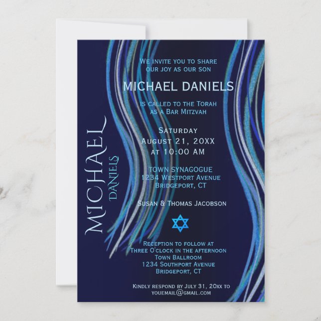 Invitation Barre Mitzvah Marine Blue Prayer Shawl (Devant)