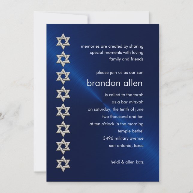 Invitation Barre Mitzvah Marine Sheen Argent Étoiles de David (Devant)