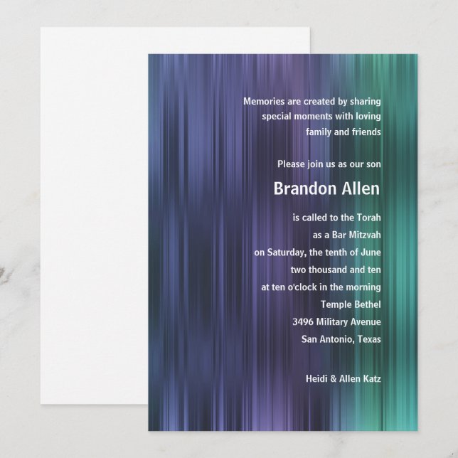 Invitation Barre Mitzvah Purple Vert Bleu Grandes (Devant / Derrière)