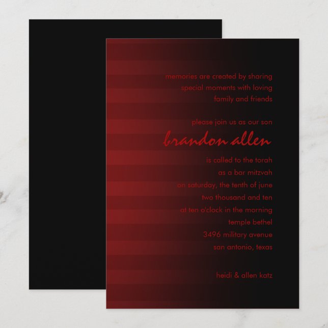 Invitation Barre Mitzvah Rouge et Noir Frappes horizontales (Devant / Derrière)