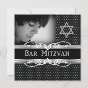 Invitation Barre Mitzvah Star Black Silver Metal Studs