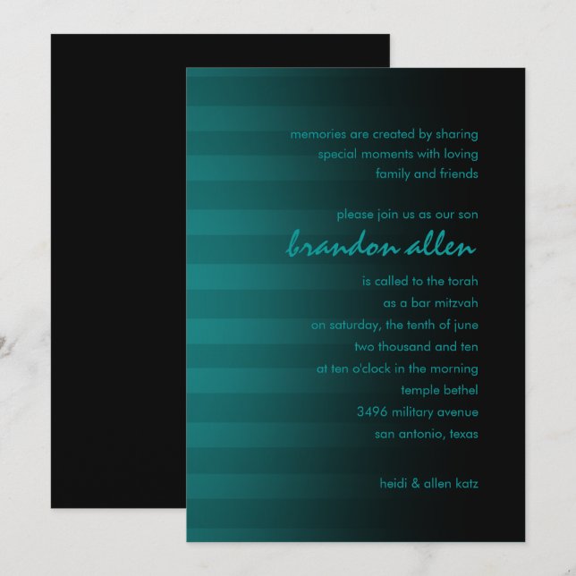 Invitation Barre Mitzvah Turquoise et noir Horizontal bande (Devant / Derrière)