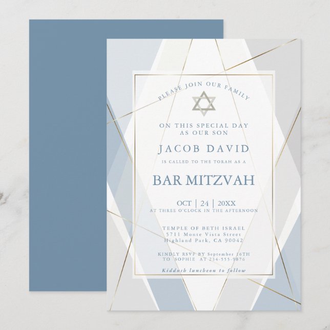 Invitation Barre moderne Blue and Grey Lines Mitzvah (Devant / Derrière)