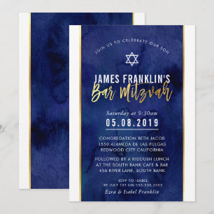 Invitation BARRE MODERNE MITZVAH bleu aquarelle or écriture