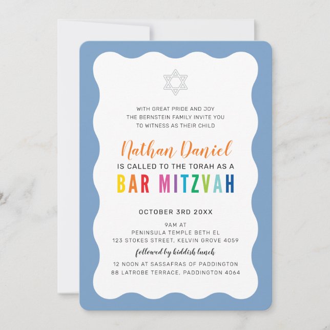 Invitation BARRE MODERNE MITZVAH couleurs arc-en-ciel bleu bo (Devant)
