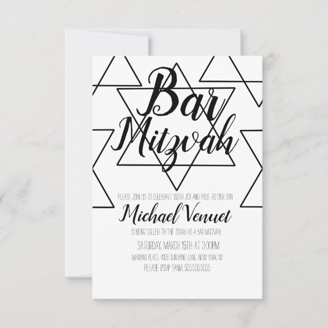 Invitation Barre noire et blanche géométrique Mitzvah (Devant)