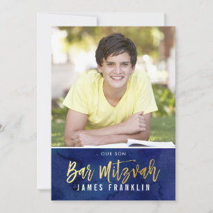 Invitation BARRE PHOTO MITZVAH Aquarelle bleue moderne type o