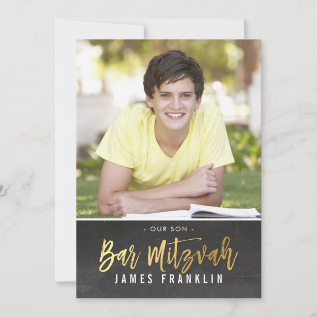 Invitation BARRE PHOTO MITZVAH moderne gris tableau noir or (Devant)