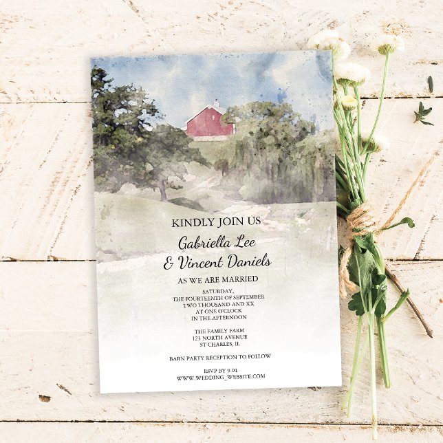 Invitation Barre rouge sur Hillside Farm Mariage aquarelle (Créateur téléchargé)