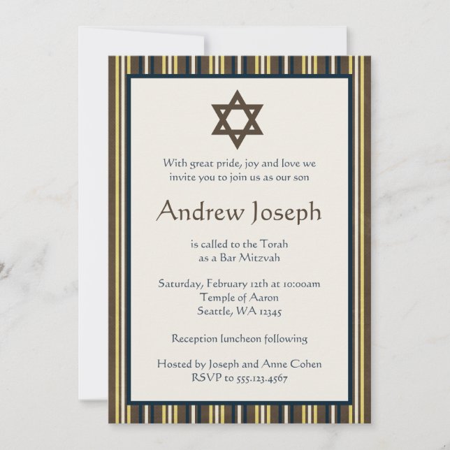 Invitation Barres Bleues et Brown Bar Mitzvah (Devant)