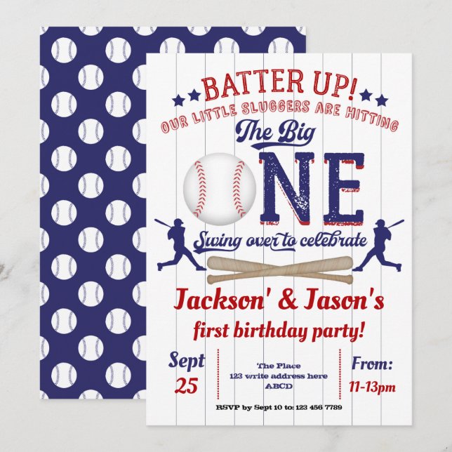 Invitation Baseball, 1er anniversaire pour jumeaux, premier a (Devant / Derrière)