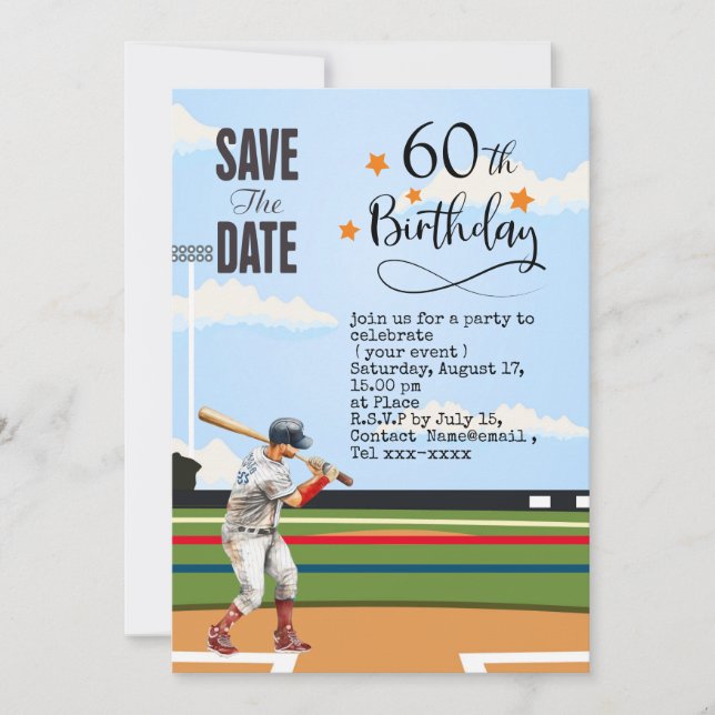 Invitation Baseball enregistrer la date 60e fête d'anniversai (Devant)