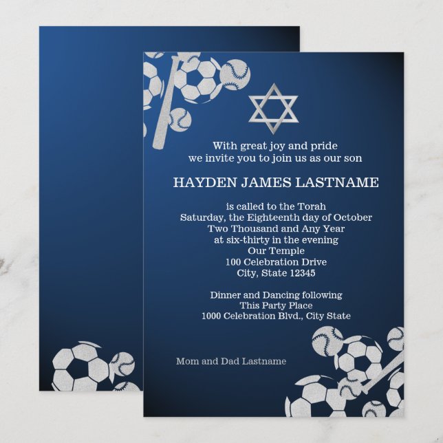 Invitation Baseball et Soccer Bar Mitzvah (Devant / Derrière)