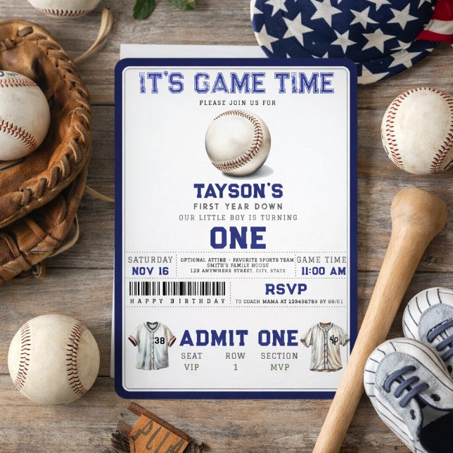 Invitation Baseball First Year Down 1st Birthday  (Baseball First Year Down 1st Birthday Ticket Invitation
)