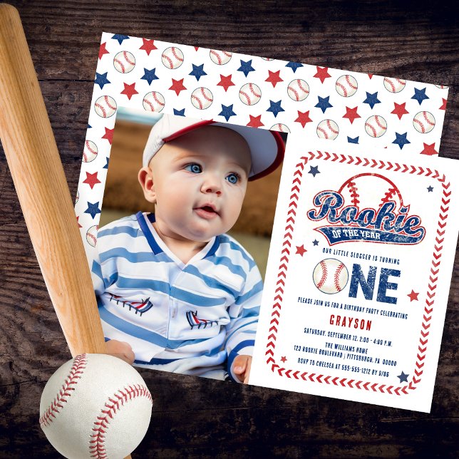 Invitation Baseball Rookie Front Photo 1ère fête d'anniversai (Baseball Rookie of the Year Boy's 1st Birthday Party Photo Invitation)