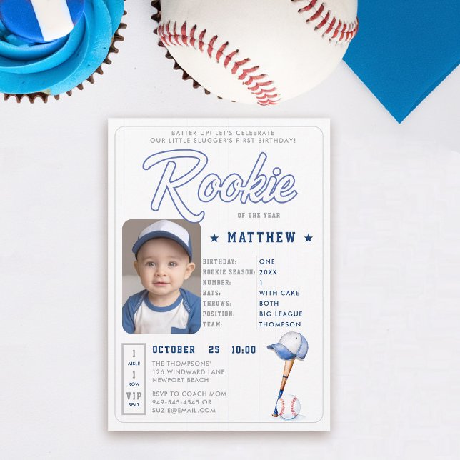 Invitation Baseball Rookie Statistiques Blue Photo Boy 1er an (rookie of the year 1st birthday invite boy baseball theme sports player stats card ticket blue)