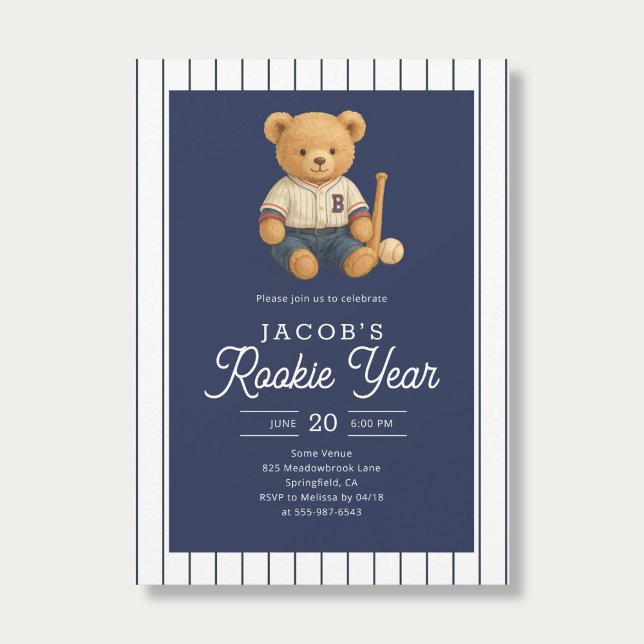 Invitation Baseball Rookie Teddy Bear 1st Birthday (Créateur téléchargé)