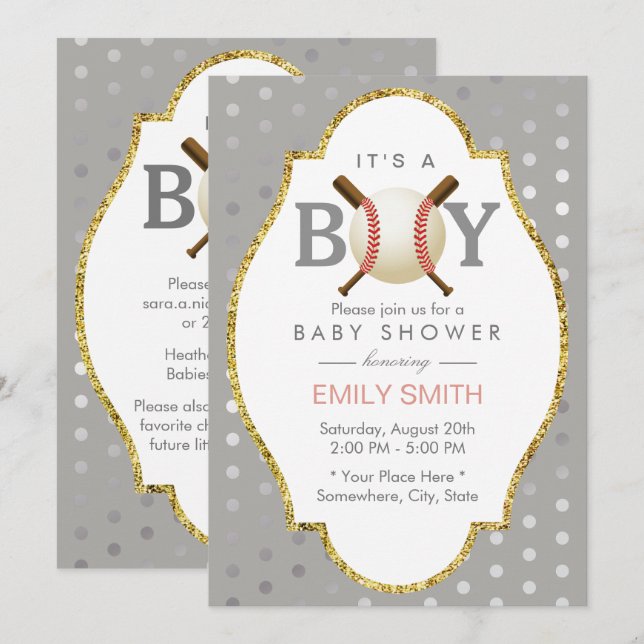 Invitation Baseball Thème Argent Pois Baby shower garçon (Devant / Derrière)