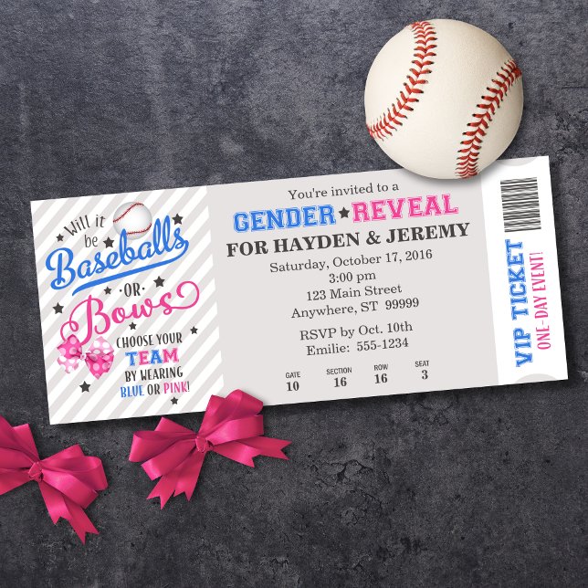 Invitation Baseballs ou Bows Genre Révéler le style de billet (Shown on a 4" x 9.25" card)