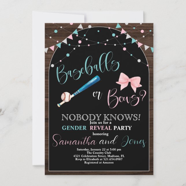 Invitation Baseballs ou Bows Genre Revevela Party (Devant)