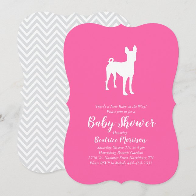 Invitation Basenji Chien Baby shower fille rose (Devant / Derrière)
