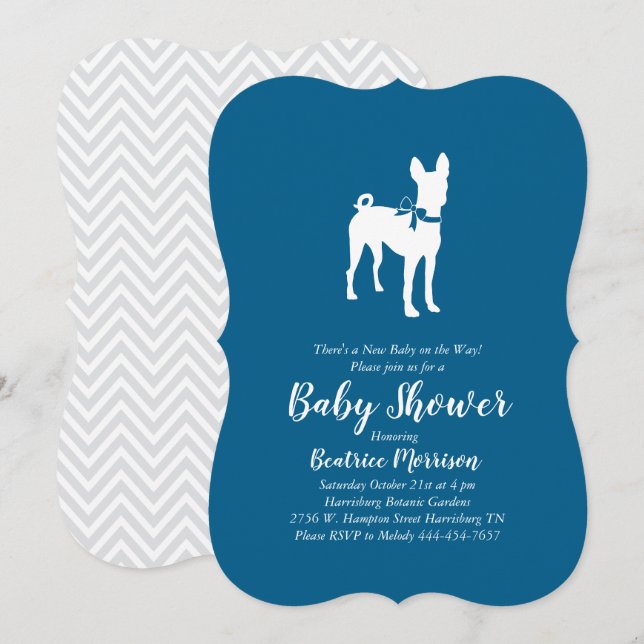 Invitation Basenji Chien Baby shower Garçon bleu (Devant / Derrière)