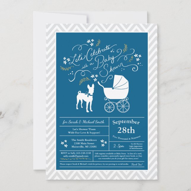 Invitation Basenji Chien Baby shower Garçon bleu (Devant)