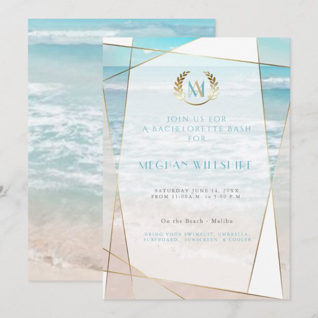 Invitation Bash de la mariée | Mariage de plage à monogramme  (Devant / Derrière)