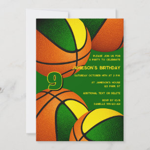 Invitation basket-ball en or vert enfants sport