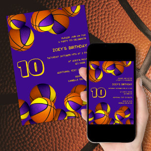 Invitation basket-ball en or violet enfants sport anniversair