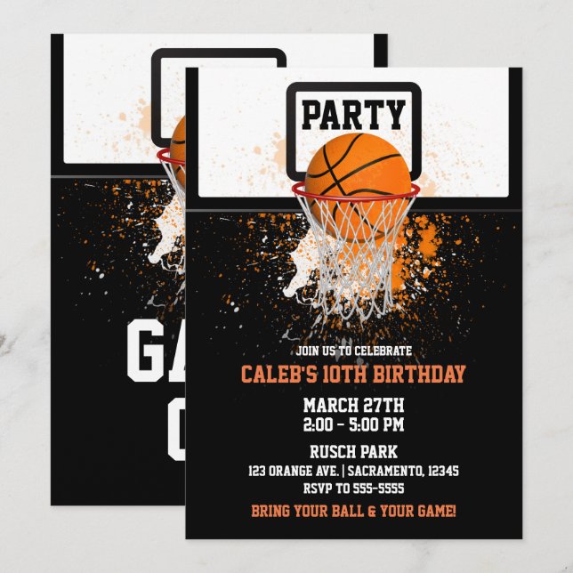 Invitation Basket-ball et sport de cerceau fête d'anniversair (Devant / Derrière)