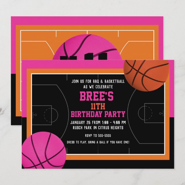 Invitation Basket-ball fête d'anniversaire Rose noir et orang (Devant / Derrière)