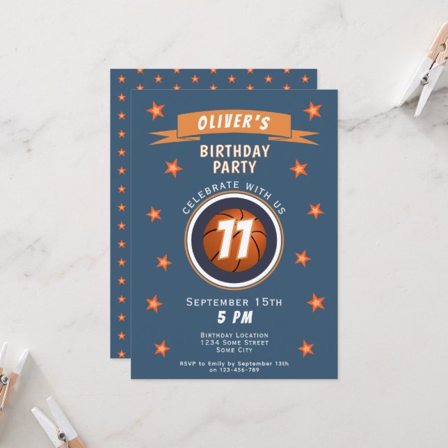 Invitation Basket-ball moderne Balle Star Sports Anniversaire (Devant/Arrière en situation)