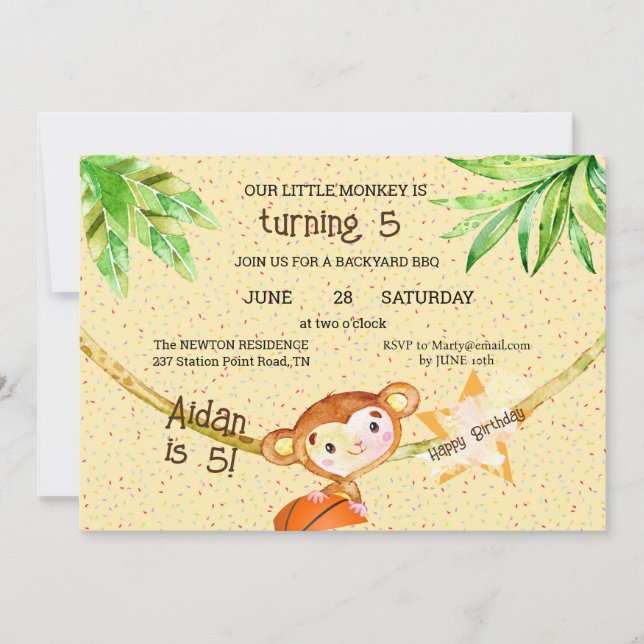 Invitation Basket-ball Petit Singe Turner 5 Anniversaire Fête (Devant)